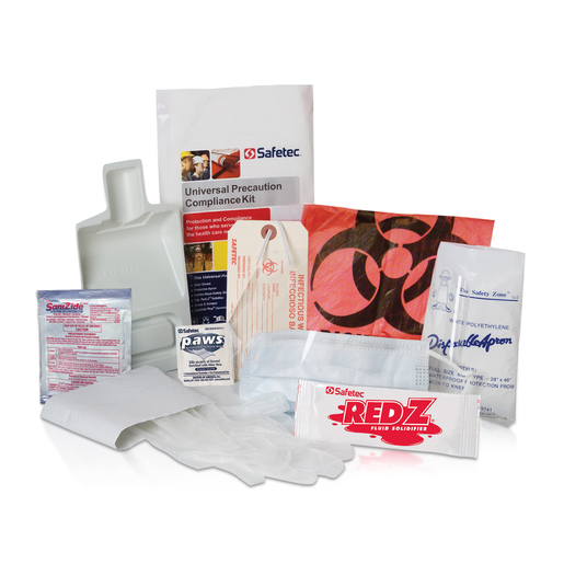 Safetec® Universal Precaution Compliance Poly Kit (Includes Vinyl Gloves, Protective Apron, Combo Mask/Safety Shield, Red Z® Solidifier, Scoop/Scraper, Sanizide Pro® Disinfectant Wipe, Red Bio-Hazard Waste Bag, Twist Tie, P.A.W.S.® Antimicrobial Hand Wipe, Identification Tag And Instructions)