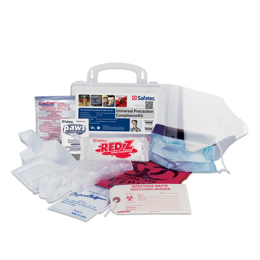 Safetec® Universal Precautions Compliance Plastic Kit (Includes Vinyl Gloves, Protective Apron, Combo Mask/Safety Shield, Red Z® Solidifier, Scoop/Scraper, Sanizide Pro® Disinfectant Wipe, Red Bio-Hazard Waste Bag, Twist Tie, P.A.W.S.® Antimicrobial Hand Wipe, Identification Tag And Instructions)