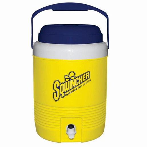 Sqwincher® 2 Gallon Yellow And Blue Dispenser Cooler With Push Button Spigot, Screw On Top And Handle