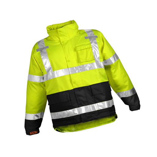Tingley 2X 34 1/2" Fluorescent Yellow/Green/Black Icon™ Job Sight™ 12 mil Polyurethane And Polyester Rain Jacket With Storm Fly Front And Zipper Closure, Silver Reflective Tape And Attached Hood
