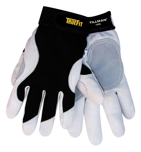 Tillman™ Large Black And White TrueFit™ Full Finger Top Grain Goatskin And Spandex® Premium Mechanics Gloves With Elastic Cuff, Double Leather Palm, Reinforced Thumb And Smooth Surface Fingers