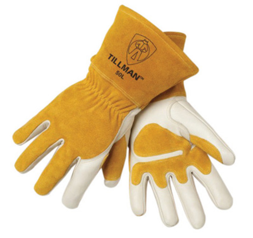 Tillman™ Large 14" Pearl Top Grain Side Split Cowhide Fleece Lined Premium Grade MIG Welders Gloves With Gauntlet Cuff, Seamless Index Finger And Elastic Back (Carded)