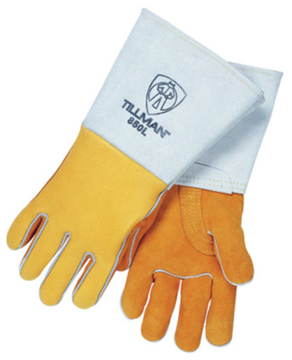 Tillman™ Large 14" Gold Top Grain Elkskin Cotton/Foam Lined Super Premium Grade Stick Welders Gloves With Reinforced Straight Thumb, Stiff Cowhide Cuff, Welted Finger, Kevlar® Lock Stitching And Pull Tab (Carded)