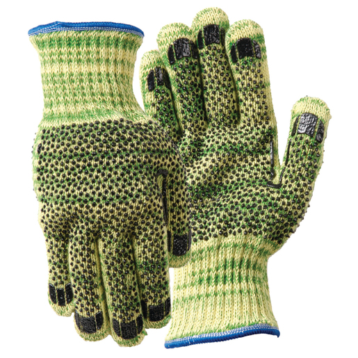 Wells Lamont Large Green And Yellow Whizard® Metalguard® Dotted Style Gunn Cut 7 gauge Heavy Weight Kevlar® And Stainless Steel Ambidextrous Cut Resistant Gloves With Knit Wrist, Dyneema® Lined, PVC Dots Coating, Polyester Blend