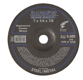 Radnor 7" X 1/4" X 7/8" A24R Aluminum Oxide Type 27 Depressed Center Grinding Wheel For Use With Right Angle Grinder On Metal And Steel