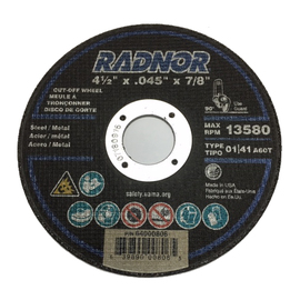 Radnor 4 1/2" X .0400" X 7/8" A60T Aluminum Oxide Reinforced Type 1 Cut Off Wheel For Use With Right Angle Grinder On Metal