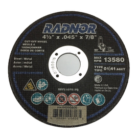 Radnor 4 1/2" X .0400" X 7/8" A60T Aluminum Oxide Reinforced Type 1 Cut Off Wheel For Use With Right Angle Grinder On Metal