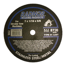 Radnor 7" X 1/16" X 5/8" A36T Aluminum Oxide Reinforced Type 1 Cut Off Wheel For Use With Circular Saw On Stainless Steel And Metal