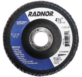 Radnor 4 1/2" X 7/8" 36 Grit Aluminum Oxide Type 29 Flap Disc
