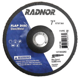 Radnor 7" X 7/8" 40 Grit Zirconia Alumina Type 29 Flap Disc