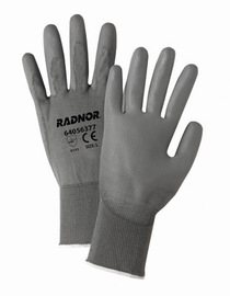 Radnor 2X 13 Gauge Economy Black Polyurethane Palm Coated Work Gloves With Gray Nylon Knit Liner