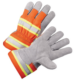 Radnor Large Select Shoulder Leather Palm Gloves With Rubberized Safety Cuff, Fluorescent Orange Polyester Back And Silver Reflective Tape On Knuckles And Cuff