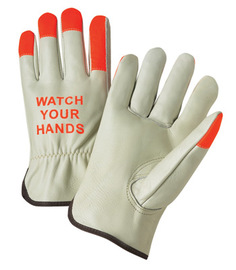 Radnor X-Large Select Grain Cowhide Unlined Drivers Gloves With Keystone Thumb, Shirred Elastic Cuff, Hi-Vis Orange Fingertips And  "Watch Your Hands" Logo On Back