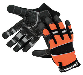Radnor Large Black And Hi-Viz Orange Premium Full Finger Sueded Leather And Spandex Mechanics Gloves With Hook and Loop Cuff, Spandex Back, Neoprene Knuckle And Wrist Pad, Suede Palm, Kevlar Patch In Thumb Crotch And PVC Grip Patches On Palm And Fingers
