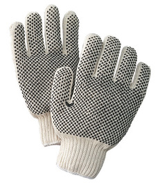 Radnor Ladies Natural Medium Weight Polyester/Cotton Ambidextrous String Gloves With Knit Wrist And Double Side Black PVC Dot Coating