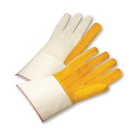 Radnor Men's Medium Weight White And Gold 100% Cotton Gold Chore Palm And Canvas Back Uncoated Work Gloves With Standard Liner And Gauntlet Cuff