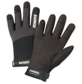 Radnor X-Large Black And Gray Full Finger Synthetic Leather By Clarion And Spandex Light-Duty Mechanics Gloves With Hook And Loop Cuff, Spandex Back And Reinforced Fingertips