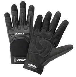 Radnor Medium Black And Gray Full Finger Synthetic Leather By Clarion And Spandex Impact Resistant Mechanics Gloves With Hook And Loop Cuff, Spandex Back, Reinforced Fingertips And Saddle, EVA Foam Palm Padding And TPR Knuckle