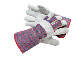 Radnor Large Economy Grade Split Leather Palm Gloves With Gauntlet Cuff, Striped Canvas Back And Reinforced Knuckle Strap, Pull Tab, Index Finger And Fingertips