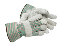 Radnor Small Shoulder Grade Split Leather Palm Gloves With Safety Cuff, Striped Canvas Back And Leather Reinforced Knuckle Strap, Pull Tab, Index Finger And Fingertips