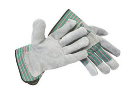 Radnor Medium Select Shoulder Grade Split Leather Palm Gloves With Rubberized Safety Cuff, Striped Canvas Back And Reinforced Knuckle Strap, Pull Tab, Index Finger And Fingertips