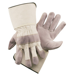 Radnor Large Side Split Leather Palm Gloves With Gauntlet Cuff, Duck Canvas Back And Reinforced Knuckle Strap, Pull Tab, Index Finger And Fingertips
