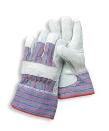 Radnor Men's Economy Grade Split Leather Palm Gloves With Safety Cuff, Striped Canvas Back And Reinforced Knuckle Strap, Pull Tab, Index Finger And Fingertips
