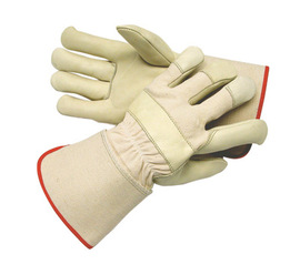 Radnor Large Premium Grain Cowhide Leather Palm Gloves With Gauntlet Cuff, Natural White Canvas Back And Reinforced Knuckle Strap, Pull Tab, Index Finger And Fingertips