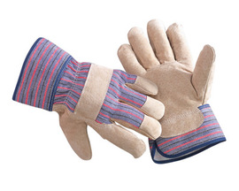 Radnor Large Economy Grade Split Pigskin Leather Palm Gloves With Safety Cuff, Striped Canvas Back And Reinforced Knuckle Strap, Pull Tab, Index Finger And Fingertips
