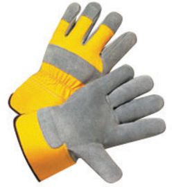 Radnor Medium Premium Select Shoulder Grade Split Leather Palm Gloves With Yellow Rubberized Safety Cuff, Heavy Yellow Canvas Back And Reinforced Knuckle Strap, Pull Tab, Index Finger And Fingertips
