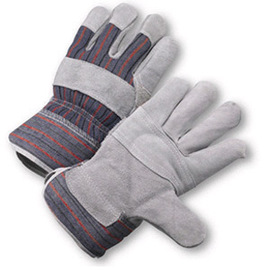 Radnor Large Economy Grade Split Leather Palm Gloves With Safety Cuff, Striped Canvas Back And Leather Palm Patch, Reinforced Knuckle Strap, Pull Tab, Index Finger And Fingertips