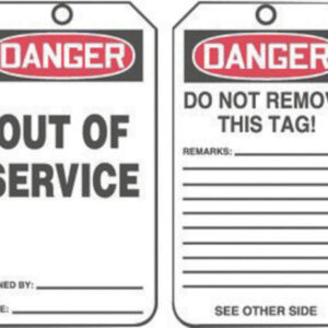 Accuform Signs® 5 3/4" X 3 1/4" Red, Black And White HS-Laminate English Two Sided Safety Tag "DANGER OUT OF SERVICE/DANGER DO NOT REMOVE THIS TAG! REMARKS €¦" With Pull-Proof Metal Grommeted 3/8" Reinforced Hole And Standard Back B