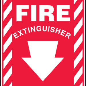 Accuform Signs® 10" X 7" White And Red 0.040" Aluminum Extinguisher Sign "FIRE EXTINGUISHER (With Down Arrow)" With Round Corner