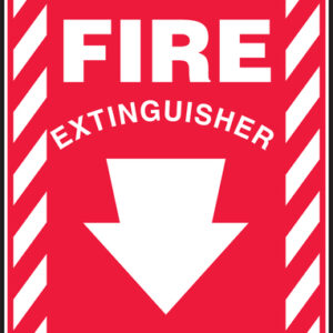 Accuform Signs® 10" X 7" White And Red 0.055" Plastic Extinguisher Sign "FIRE EXTINGUISHER (With Down Arrow)" With 3/16" Mounting Hole And Round Corner