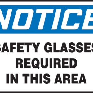Accuform Signs® 10" X 14" Black, Blue And White 0.040" Aluminum PPE Sign "NOTICE SAFETY GLASSES REQUIRED IN THIS AREA" With Round Corner