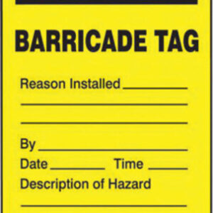 Accuform Signs® 5 3/4" X 3 1/4" Black And Yellow 15 mil RP-Plastic English Tag "CAUTION BARRICADE TAG" With Metal Grommeted 3/8" Reinforced Hole (25 Per Pack)