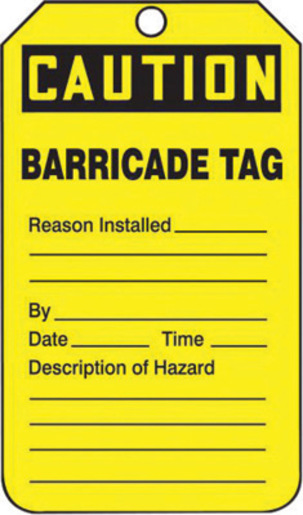 Accuform Signs® 5 3/4" X 3 1/4" Black And Yellow 15 mil RP-Plastic English Tag "CAUTION BARRICADE TAG" With Metal Grommeted 3/8" Reinforced Hole (25 Per Pack) 1 Accuform Signs® 5 3/4" X 3 1/4" Black And Yellow 15 mil RP-Plastic English Tag "CAUTION BARRICADE TAG" With Metal Grommeted 3/8" Reinforced Hole (25 Per Pack)