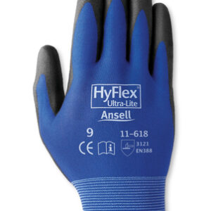 Ansell Size 11 HyFlex® 18 Gauge Ultra Light Weight Multi-Purpose Abrasion Resistant Black Polyurethane Palm Coated Work Gloves With Blue Nylon Liner And Elastic Knit Wrist