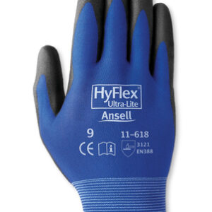 Ansell Size 6 HyFlex® 18 Gauge Ultra Light Weight Multi-Purpose Abrasion Resistant Black Polyurethane Palm Coated Work Gloves With Blue Nylon Liner And Elastic Knit Wrist