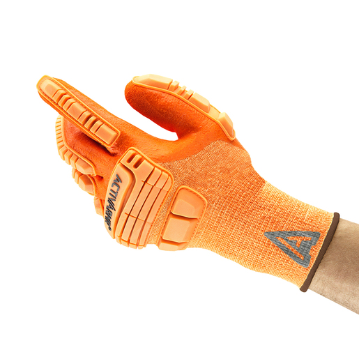 Ansell Size 10 Hi Viz Orange ActivArmr® 15 Gauge Spandex, Polyester And Nylon Cut Resistant Gloves With Knit Wrist, Kevlar® Liner, 3/4" Dipped Neoprene And Nitrile Coating And TPR Impact Bumper