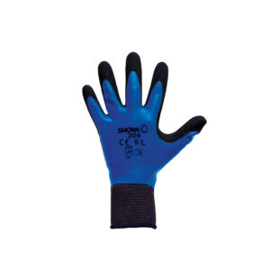SHOWA™ Size 8 306 13 Gauge Black Dual Foam Latex Fully Dipped Coated Worked Glove With Seamless Blue Knit Nylon And Polyester Liner And Knit Wrist