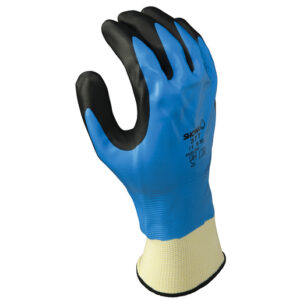 SHOWA™ Size 8 Foam Grip 377 13 Gauge Oil And Chemical Resistant Black And Blue Nitrile Foam Fully Dipped Palm Coated Work Gloves With White Polyester And Nylon Liner And Elastic Knit Wrist