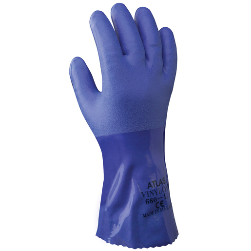 SHOWA™ Size 10 Blue Atlas® 12" Cotton Knit Lined 1 SHOWA™ Size 10 Blue Atlas® 12" Cotton Knit Lined 1.3 mm Cotton And PVC Fully Coated Chemical Resistant Gloves With Rough And Textured Finish And Gauntlet Cuff