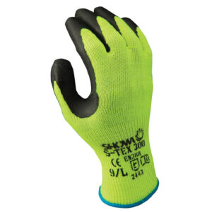 SHOWA™ Size 8 S-TEX® 300 10 Gauge Cut Resistant Black Natural Rubber Palm Coated Work Gloves With Hi-Viz Yellow Seamless Hagane Coil® Liner And Knit Wrist