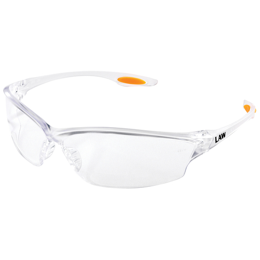 Crews® Law® 2 Safety Glasses With Clear Nylon Frame, Clear Polycarbonate Duramass® Anti-Fog Anti-Scratch Lens And TPR Nose Pad And Orange Temple Sleeve