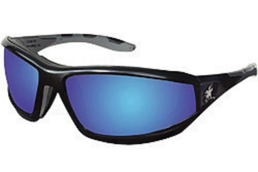 Crews® Reaper™ Regular Safety Glasses With Black Polycarbonate Frame, Blue Diamond Mirror Polycarbonate Duramass® Anti-Scratch Lens And Gray Temple Sleeve And Removable Foam Gasket