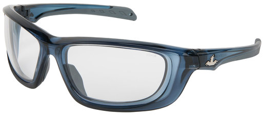 Crews® USS Defense® Safety Glasses With Trans Dark Blue Polycarbonate Frame Clear Polycarbonate MAX3™ Hard Coat Anti-Scratch Lens, TPR Nose Piece, Bayonet Temple, Breakaway Cord And Cleaning Bag