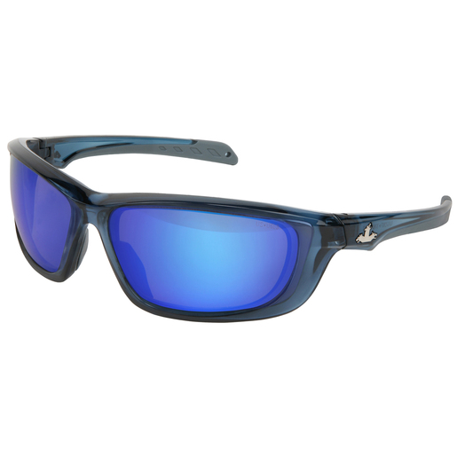 Crews® USS Defense® Safety Glasses With Trans Dark Blue Polycarbonate Frame Blue Diamond Polycarbonate BossMan™ Mirrored, Anti-Scratch, Polarized Dual Lens, TPR Nose Piece, Bayonet Temple, Breakaway Cord And Cleaning Bag