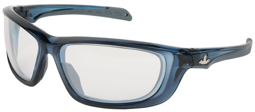 Crews® USS Defense® Safety Glasses With Trans Dark Blue Polycarbonate Frame I/O Clear Polycarbonate BossMan™ Mirrored Lens, TPR Nose Piece, Bayonet Temple, Breakaway Cord And Cleaning Bag