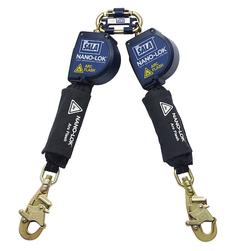 DBI/SALA® 8' Nano-Lok™ Arc Flash Quick Connect Twin-Leg Self Retracting Lanyard With Kevlar® Webbing Steel Swiveling Snap Hooks And Quick Connector For Harness Mounting
